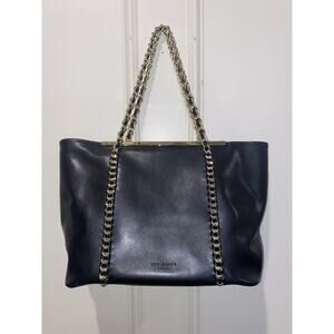 Ted Baker London Clover Chain Shopper Tote Black Leather Gold Hardware Purse